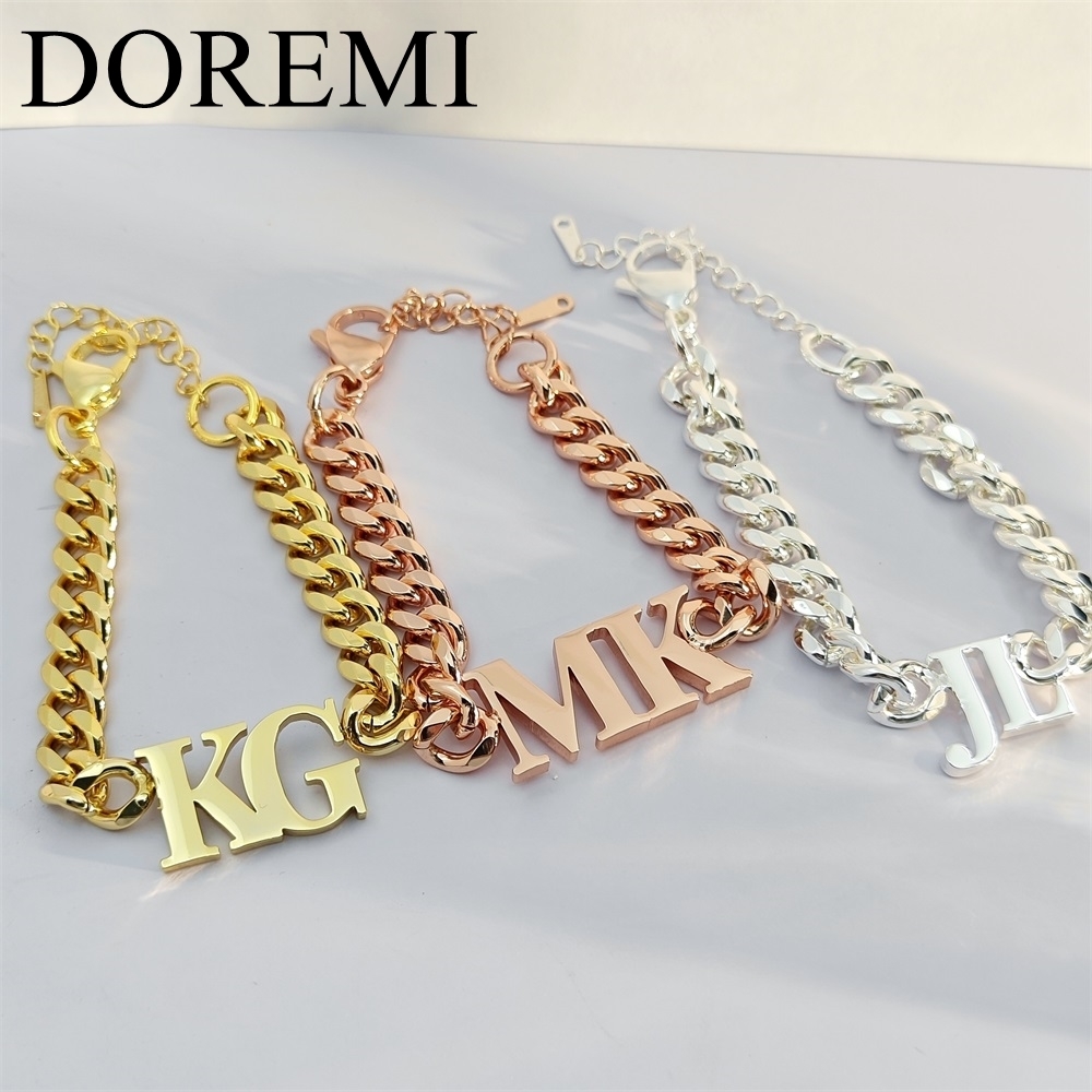 Pendant Necklaces DOREMI gelang huruf tebal inisial rantai Kuba 5mm perhiasan nama khusus pria perhiasan hadiah baja tahan karat personalisasi perhias