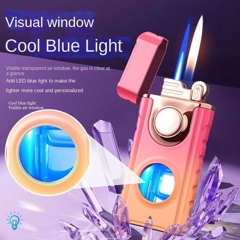 New Double Flame Straight TorchTurbo Bright Fire Butane Inflatable Lighter LED Light No Gas Window Cigar Men's Tools Gift VYWS W260202