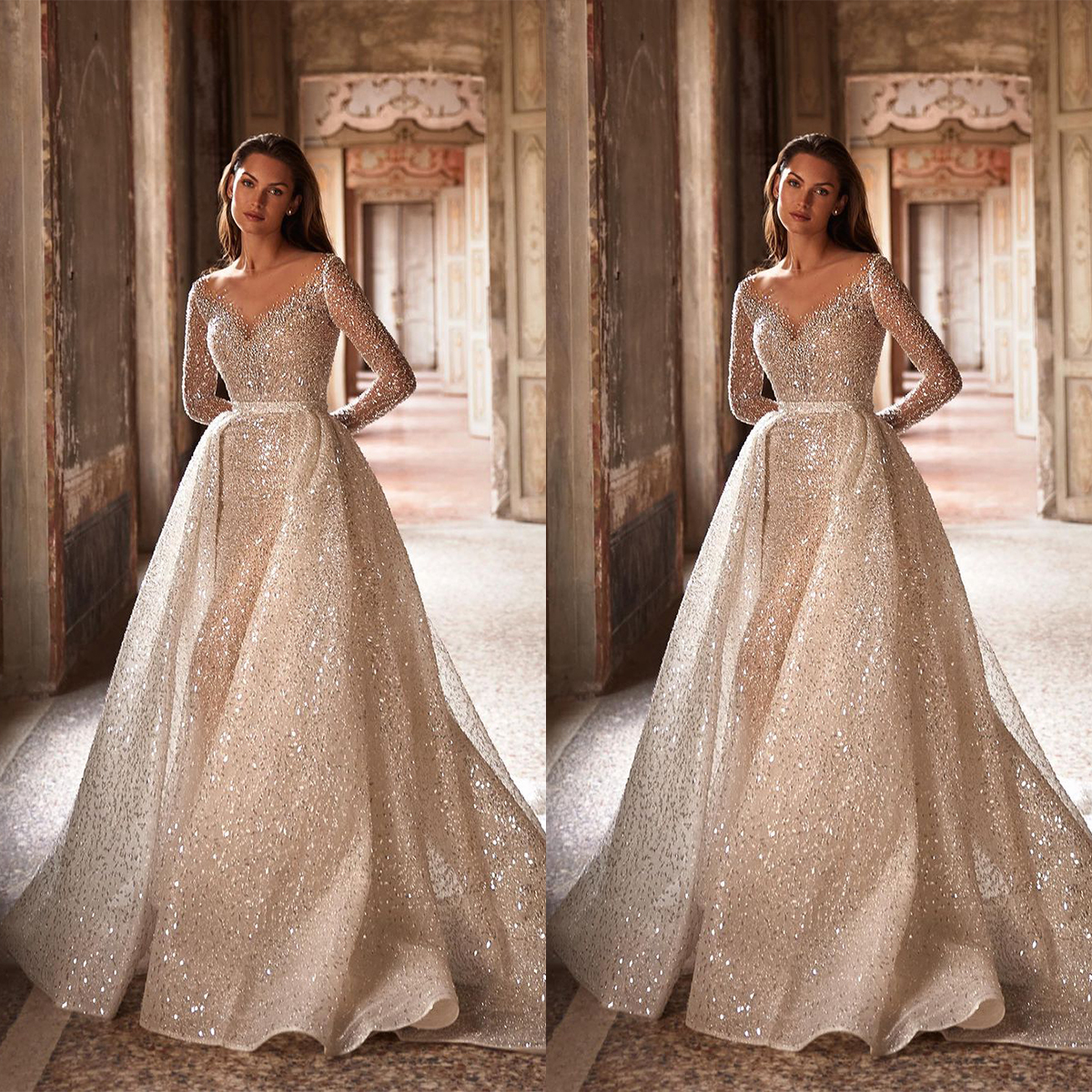 Sparkling Sequined Wedding Dress With Detachable Train V Neck Long Sleeve Custom Made Backless Bridal Gowns Vestido De Novia