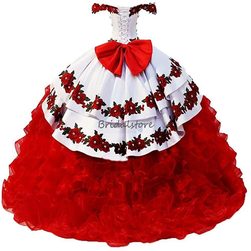 Mexican Red Quinceanera Dresses 2023 Organza Ruffles Ball Gown Big Bow Prom Dress Xv Para Vestidos De 15 Birthday Party Dress Corset Vestidos Debutant