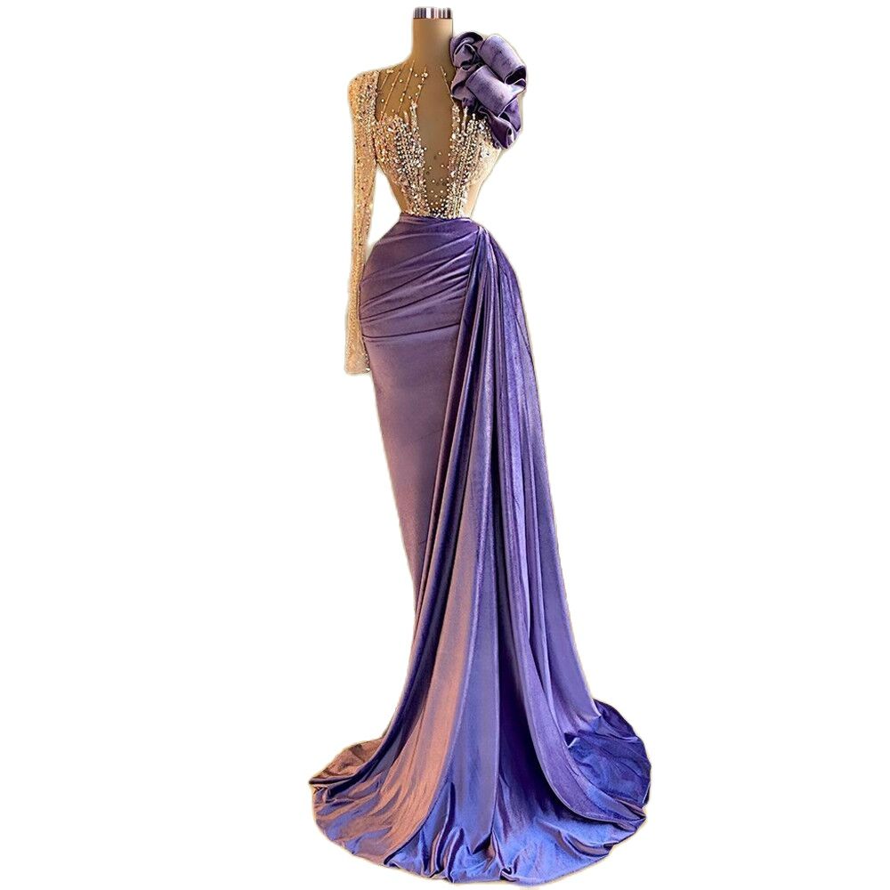 Purple Velvet Mermaid Evening Dresses Flower Ruffles Crystal Beading Prom Dress Glitter Sequins Formal Gowns