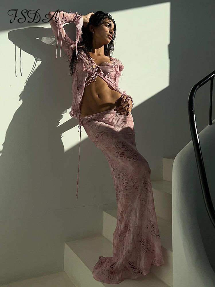 Two Piece Dress FSDA Print Y2K Mesh Long Sleeve Top Shirts Green And Maxi Skirt Bodycon Sexy Two Piece Sets Beach Outfits Women Club 230904