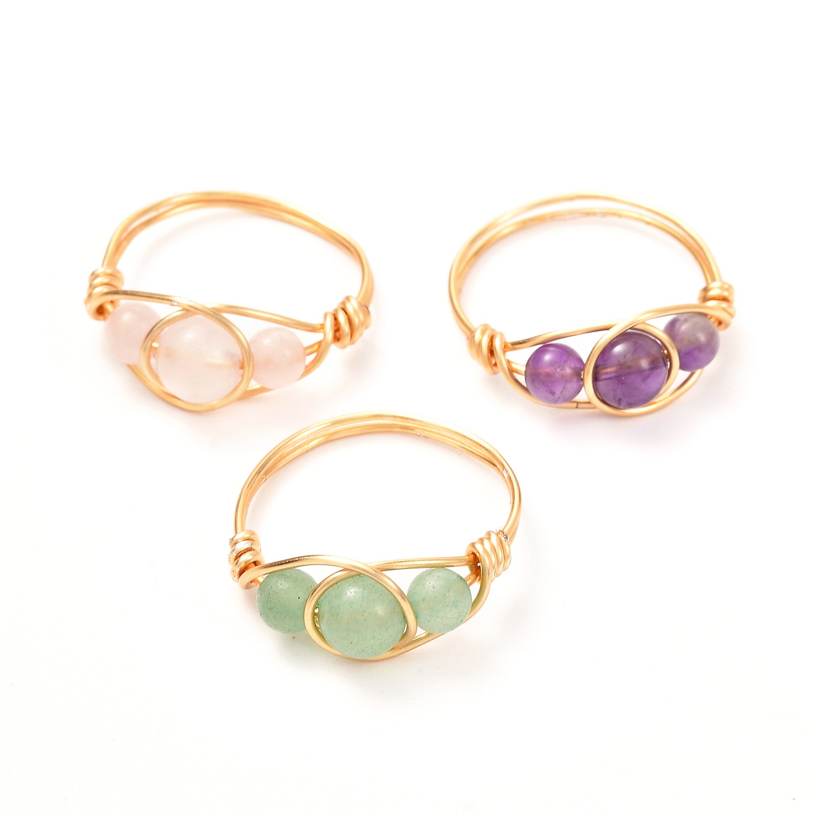 Wire Wrap Natural Stone Bead Rings Amethyst Aventurine Rose Quartz Ring for Women Jewelry