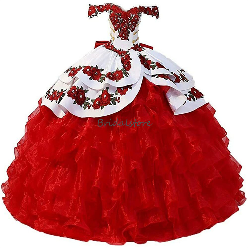 Mexican Red Quinceanera Dresses 2023 Organza Ruffles Ball Gown Big Bow Prom Dress Xv Para Vestidos De 15 Birthday Party Dress Corset Vestidos Debutant
