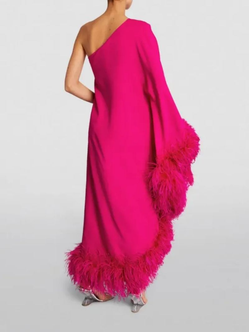 dress feather loose evening dress women oneshoulder long sleeve large swing evening dress solid color fashion dinner dress designer dress
