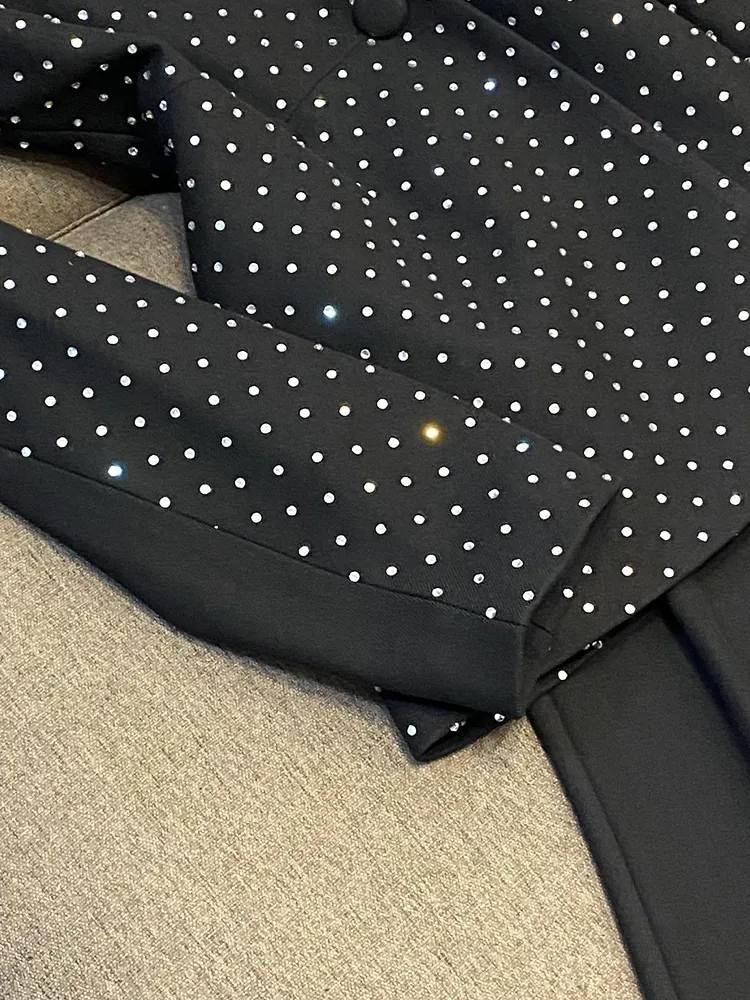 2023 Fall Black Hot Drilling Two Piece Pants Sets Long Sleeve Notched-Lapel Single-Breasted Blazers Top & Flare Trousers Pants Suits Set 2 Piece Suits