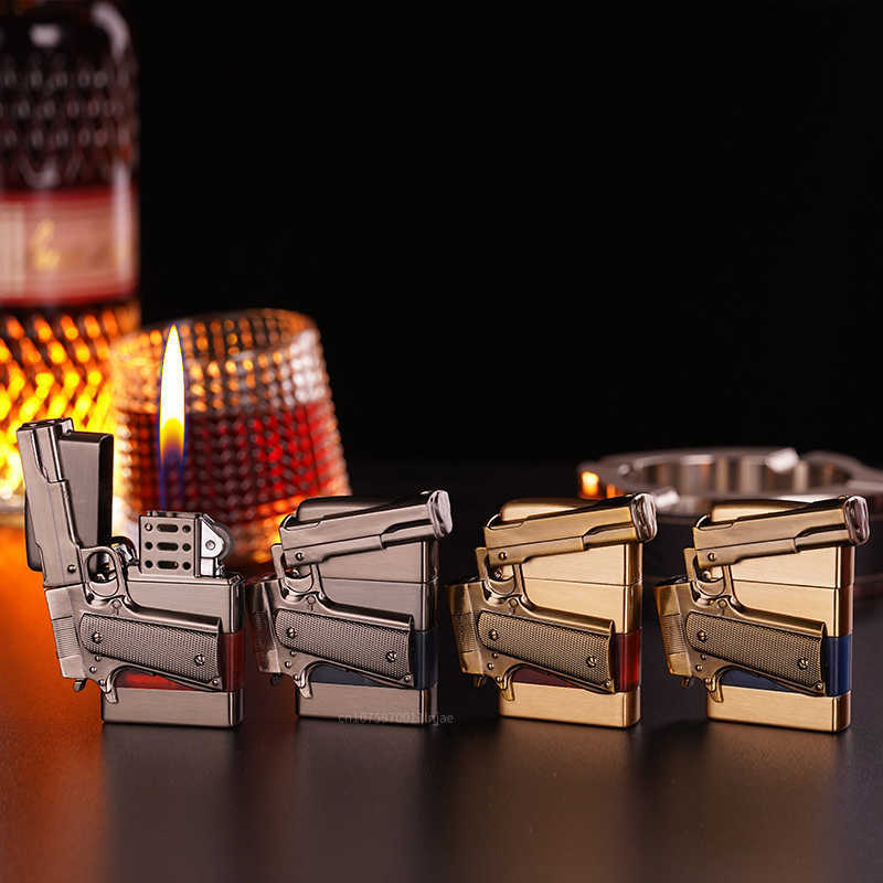 Metal No Gas Pistol Shape Lighter Transparent Oil Tank Retro Grinding Wheel Cigar Windproof For Men Cigarette Accessories 9ALG W260202