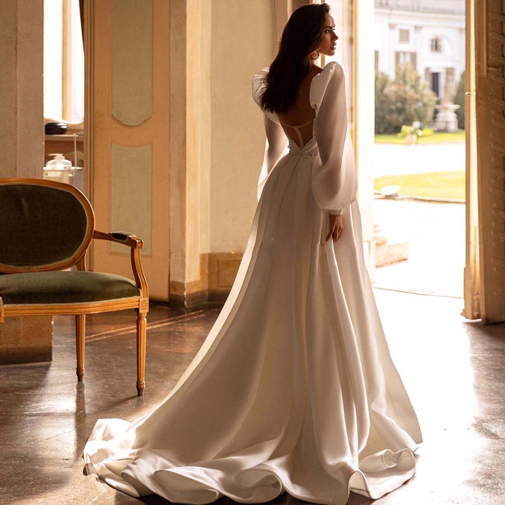 Modest Puffy Sleeve Pleat A Line Wedding Dresses Sweetheart Side Split Bridal Gown Backless Ruched Boho Wedding Gowns