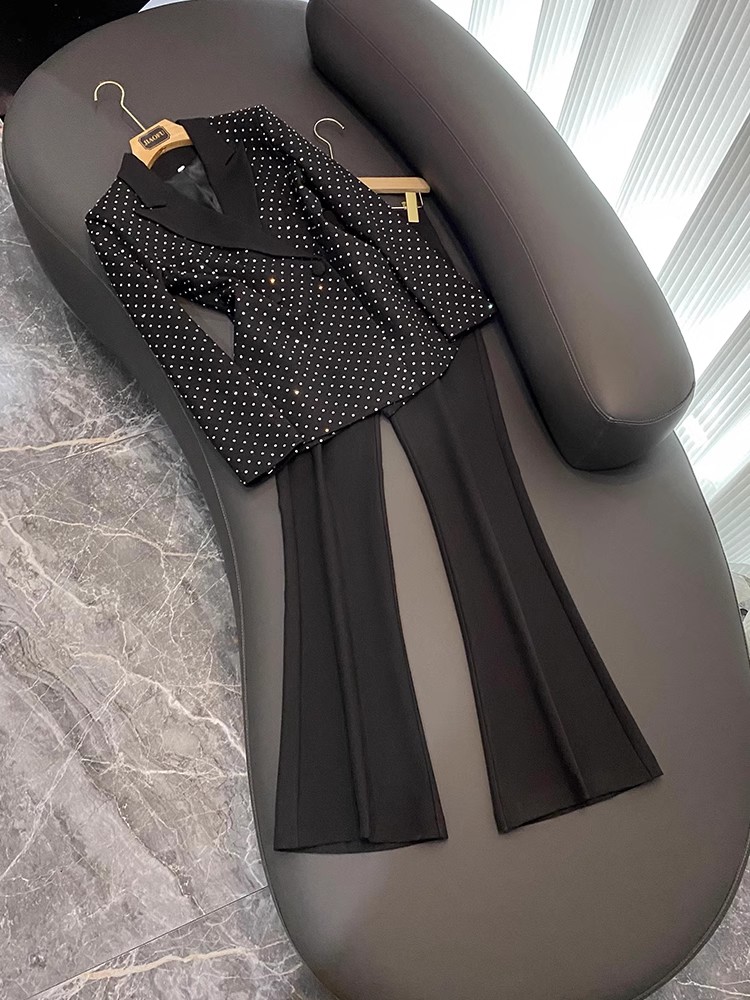 2023 Fall Black Hot Drilling Two Piece Pants Sets Long Sleeve Notched-Lapel Single-Breasted Blazers Top & Flare Trousers Pants Suits Set 2 Piece Suits