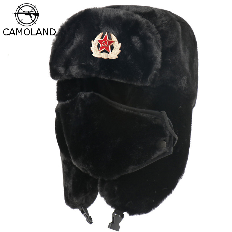 BeanieSkull Caps CAMOLAND Soviet Army Military Badge Bomber Hat Chapka Men Women Russia Ushanka Hats Faux Rabbit Fur Earflap Snow Trapper 230904