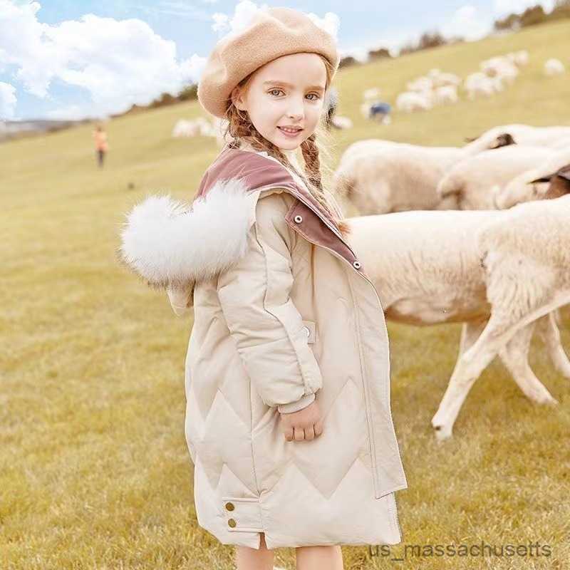 Down Coat Winter Warm Windproof Girls Plain Long Hooded Thick Jacket School Kids Down Coats Child Outerwear 3-14Years R230905