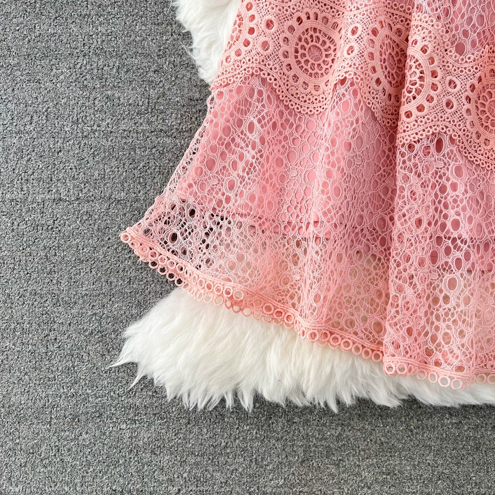 Vintage Palace Style Dress Temperament Lantern Sleeves Standing Neck Slim Mid length A-line Water Soluble Lace Dress