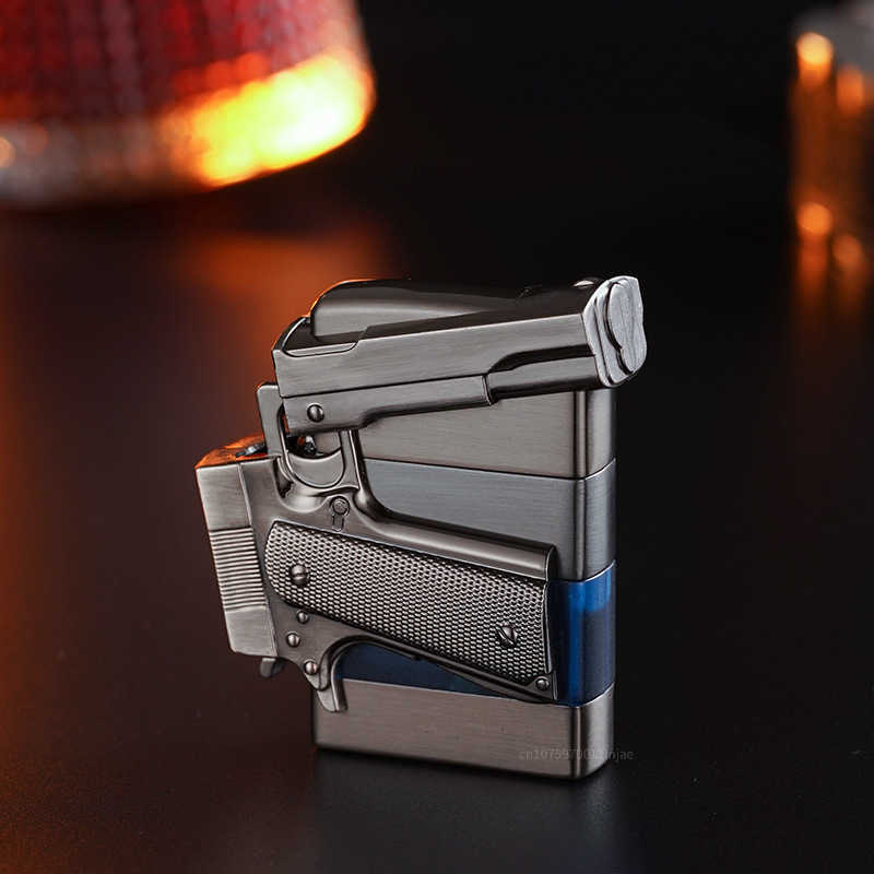 Metal No Gas Pistol Shape Lighter Transparent Oil Tank Retro Grinding Wheel Cigar Windproof For Men Cigarette Accessories 9ALG W260202