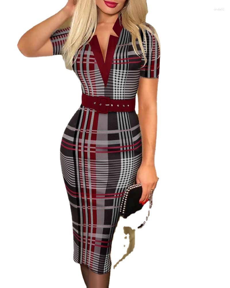 Elegant Plaid Print Midi Dress Women - Long Sleeved V Neck Casual Autumn Dresses for Ladies C260311