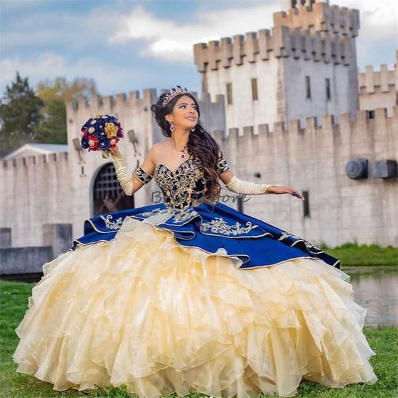 Classy Navy Golden Quinceanera Dresses 2024 Organza Ruffles Ball Gown Prom Dress Xv Para Vestidos De 15 Birthday Party Dress Corset Vestidos Debutante