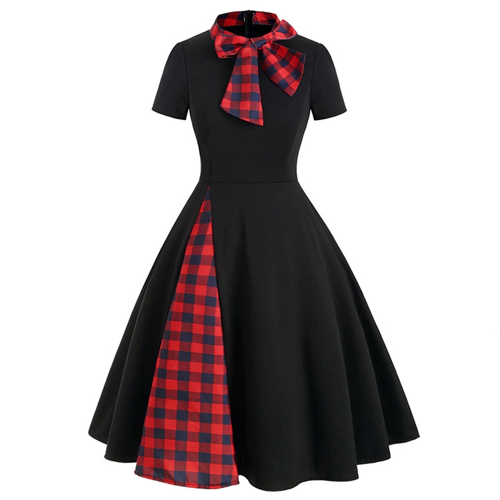 Theme Costume Fashion Women Plaid Patchwork Bow Collar Zipper Short Sleeve Vintage Christmas Costume Retro Office Party Midi Dress Vestidos#g3 230904