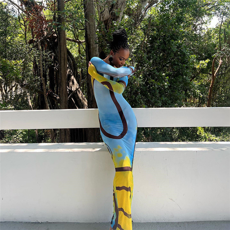 Basic Casual Dresses Fashion musim gugur pakaian wanita 2023 gaun pesta klub Hip ramping tembus pandang motif garis jaring seksi baru Vestidos 230904