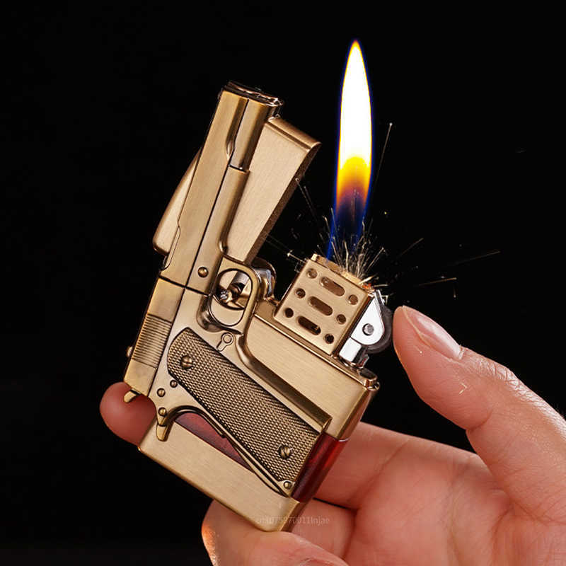 Metal No Gas Pistol Shape Lighter Transparent Oil Tank Retro Grinding Wheel Cigar Windproof For Men Cigarette Accessories 9ALG W260202