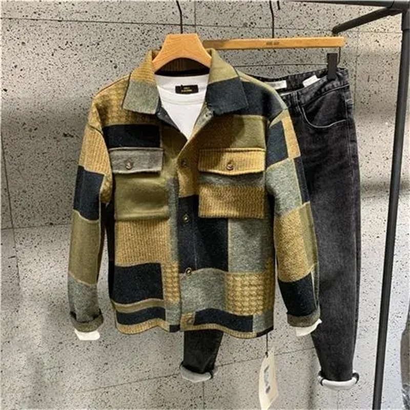 Mens Jackets Clothing Autumn Winter Korean Fashion Casual Lapel Hoodless For men Slim Plaid Male Coat Streetwear 230904