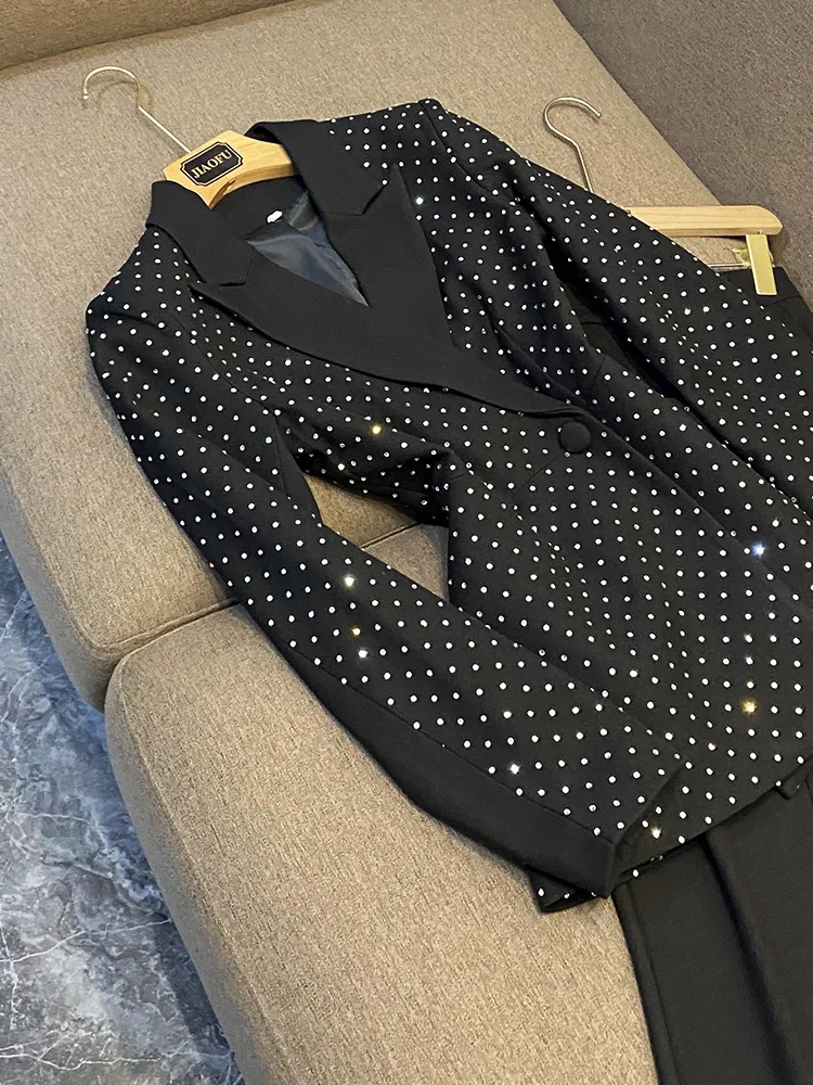 2023 Fall Black Hot Drilling Two Piece Pants Sets Long Sleeve Notched-Lapel Single-Breasted Blazers Top & Flare Trousers Pants Suits Set 2 Piece Suits