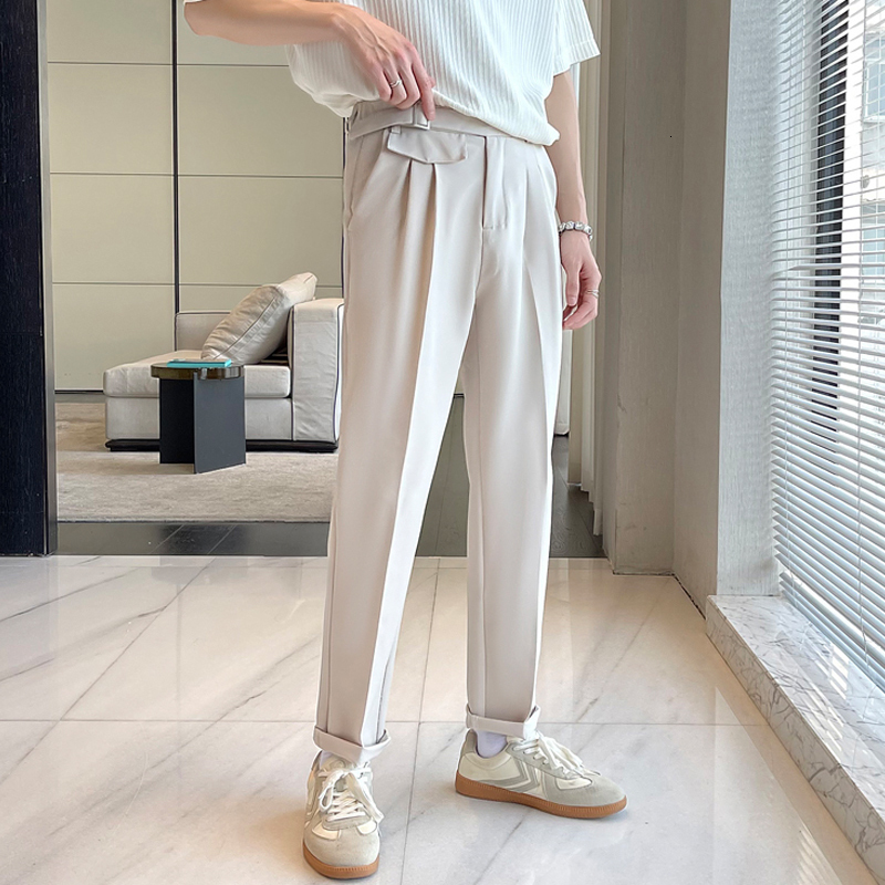 Mens Pants Apricot Black Suit Men Slim Fit Fashion Social Dress Korean Casual Straight Office Formal Trousers 230904