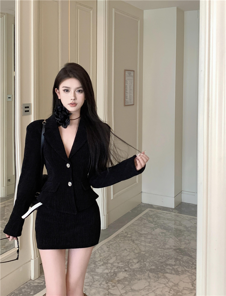 Womens autumn corduroy fabric turn down collar slim waist blazer and sashes pencil skirt twinset 2 pc dress suit SML