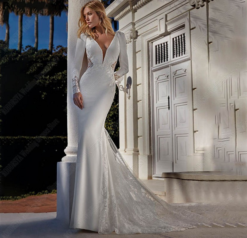 Sexy Appliques Mermaid Wedding Dresses 2024 Soft Satin V-neck Lace Long Sleeves Vestido De Novia Para Boda Civil Bridal Gowns For Women Custom Made