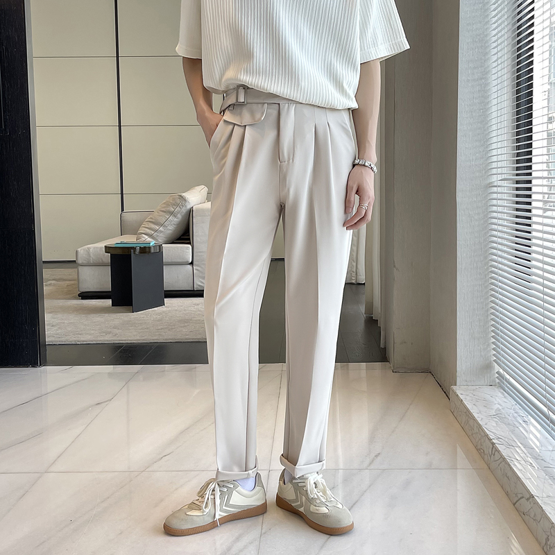 Mens Pants Apricot Black Suit Men Slim Fit Fashion Social Dress Korean Casual Straight Office Formal Trousers 230904