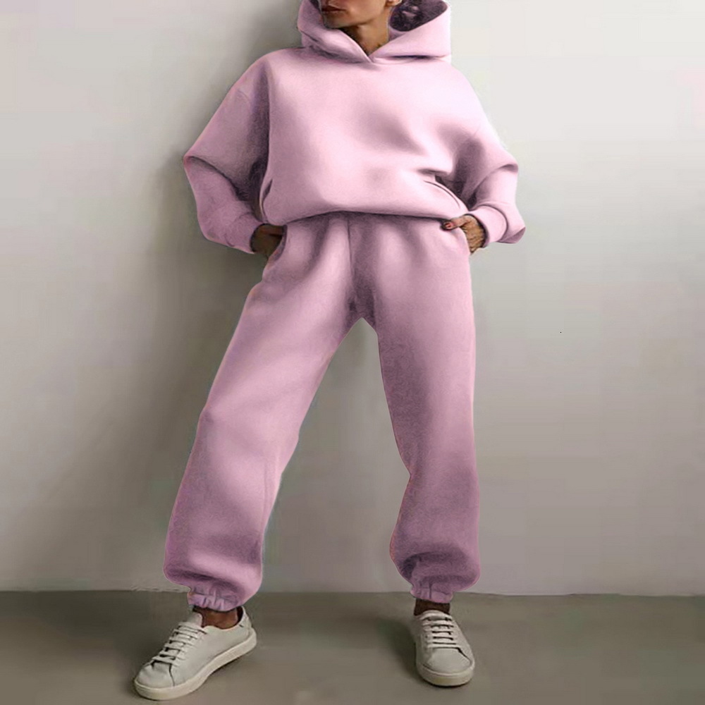 Women's Tracksuits Solid Fleece Hooded Tracksuit 2 Piece Set Women High Waist Sports Pants Suit Autumn Winter Ladies Fashion Hoodies Set 230904
