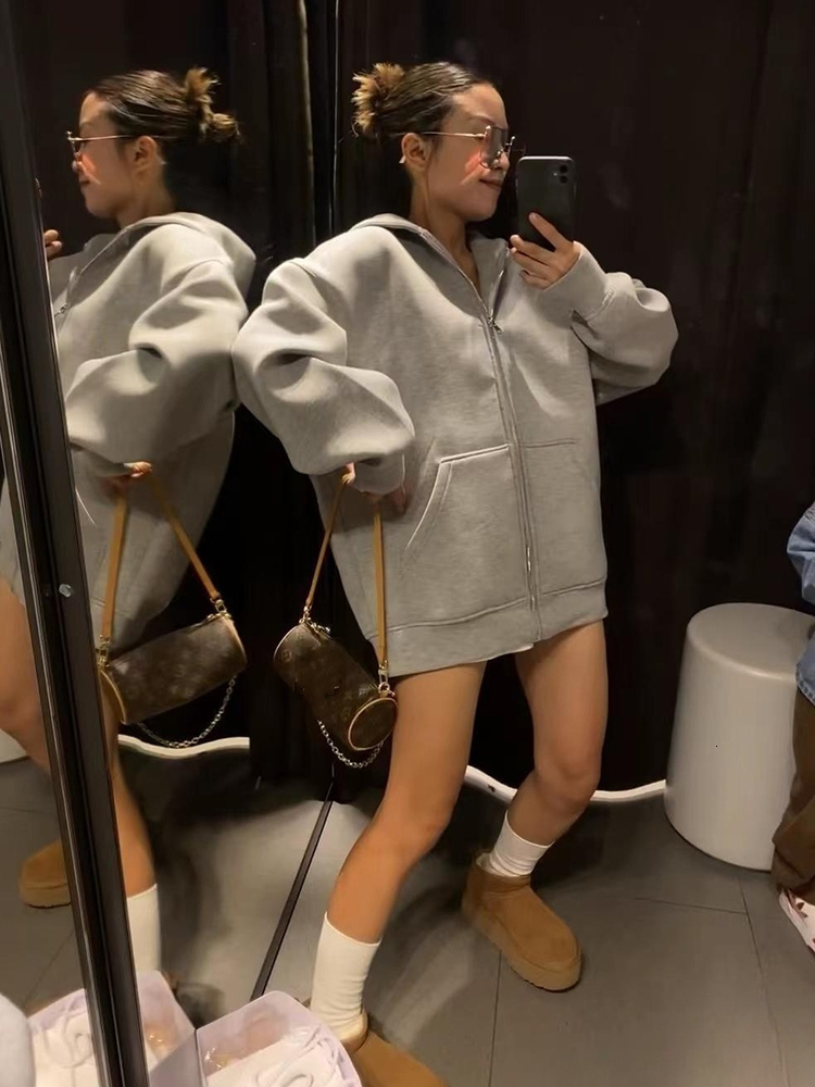 Women s Jackets Jaket panjang hangat untuk wanita jaket lengan dengan tudung Bomber abu abu ritsleting saku besar mantel kasual musim gugur dan dingin