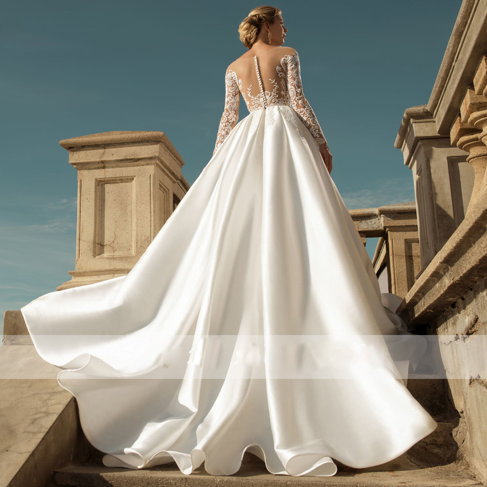 Women's A Line Satin Wedding Dresses Sheer Neck Long Sleeve Bridal Gown With Belt Lace Appliques Outdoor Robe De Novia