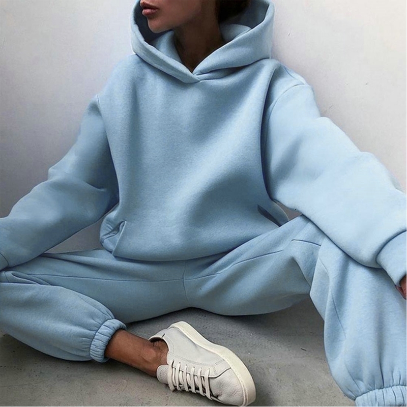 Women's Tracksuits Solid Fleece Hooded Tracksuit 2 Piece Set Women High Waist Sports Pants Suit Autumn Winter Ladies Fashion Hoodies Set 230904