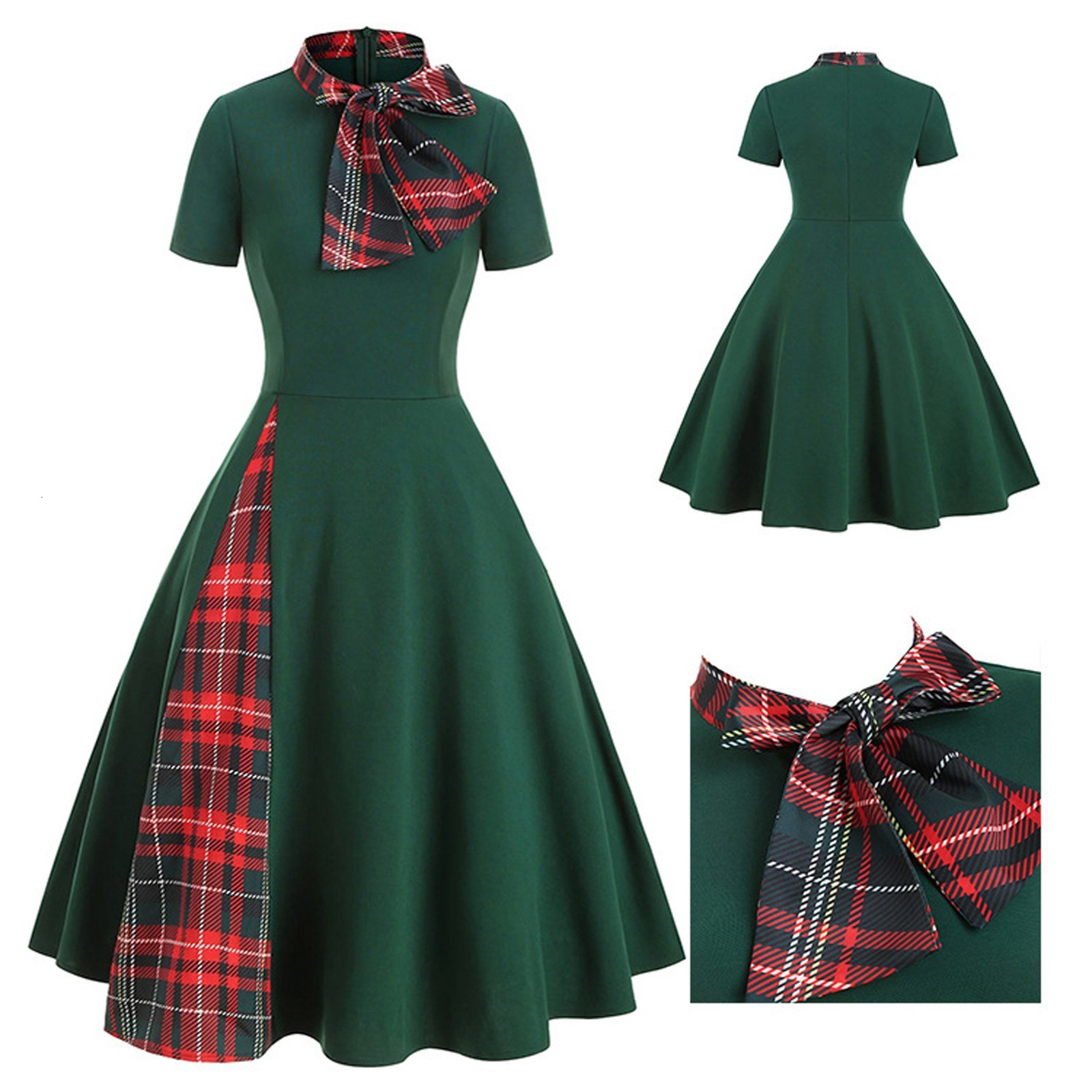 Theme Costume Fashion Women Plaid Patchwork Bow Collar Zipper Short Sleeve Vintage Christmas Costume Retro Office Party Midi Dress Vestidos#g3 230904