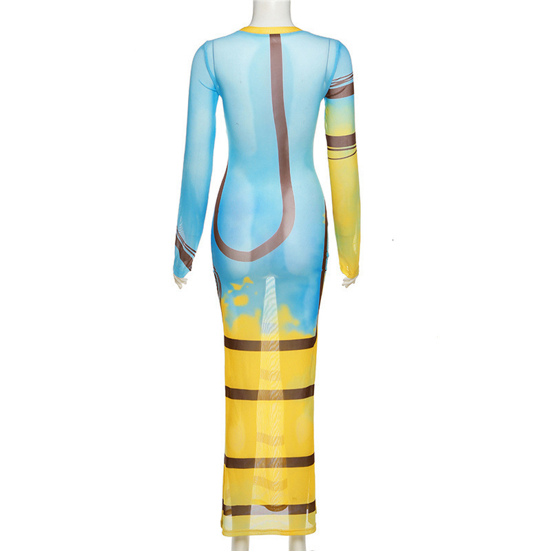 Basic Casual Dresses Fashion musim gugur pakaian wanita 2023 gaun pesta klub Hip ramping tembus pandang motif garis jaring seksi baru Vestidos 230904