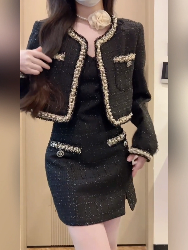 Women's autumn black beaded tweed coat and Italian thin shoulder strap desinger dress set SMLXLXXL3XL4XL
