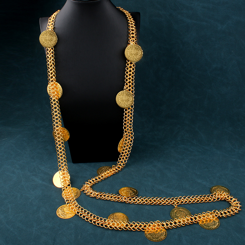Navel Bell Button Rings Long Chain Turkish Coin Necklace for Women Kurdish Wedding Jewelry Chians Gold Plated Ethnic Bridal Jewelry Body Jewelry 23090