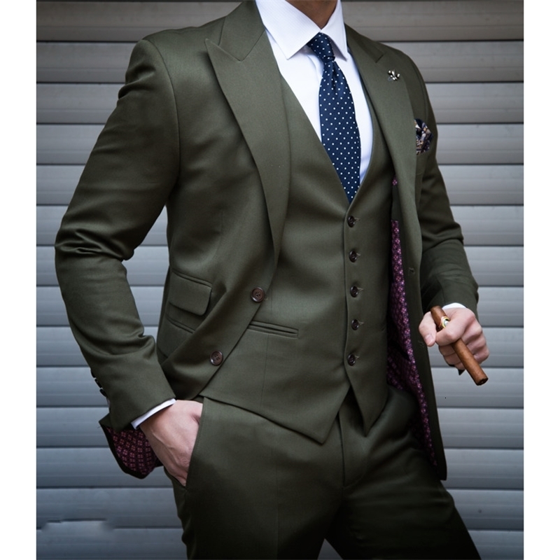 Mens Suits Blazers 3 Pieces Tailor Made Dark Green Men Suit Slim Fit Lapel Two Button Groom Tuxedos Wear Formal Business Terno 230904