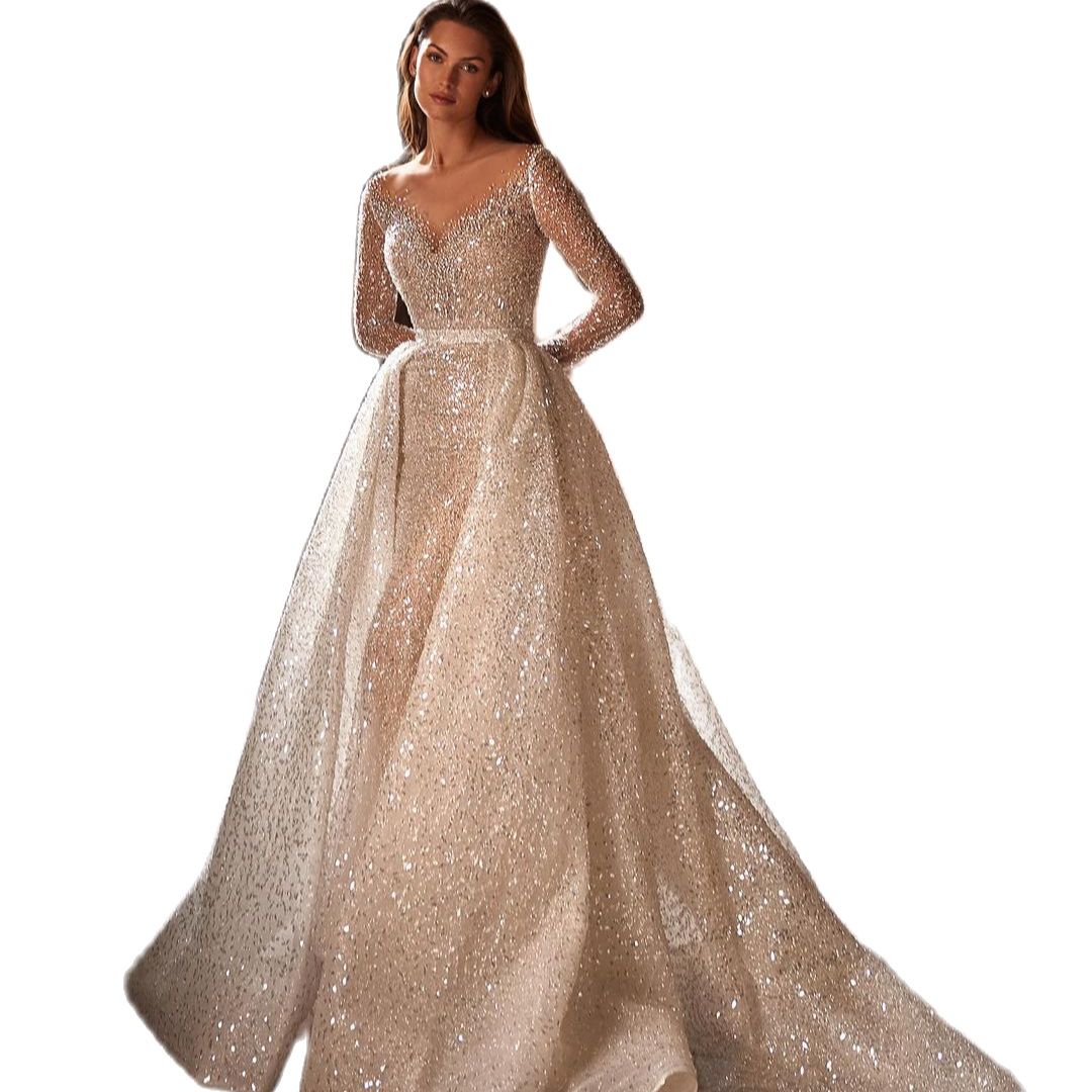 Sparkling Sequined Wedding Dress With Detachable Train V Neck Long Sleeve Custom Made Backless Bridal Gowns Vestido De Novia