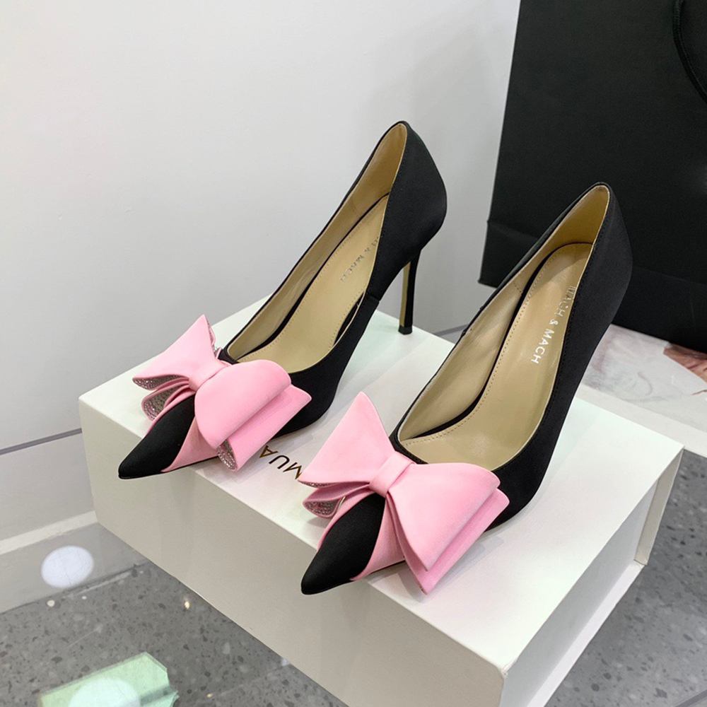 Mach&Mach Satin Bow Pumps Dress shoes Rhinestone decoration women Stiletto heel Wedding Shoes Bowtie Slip-On Party shoes Luxury Designers shoes With box bag