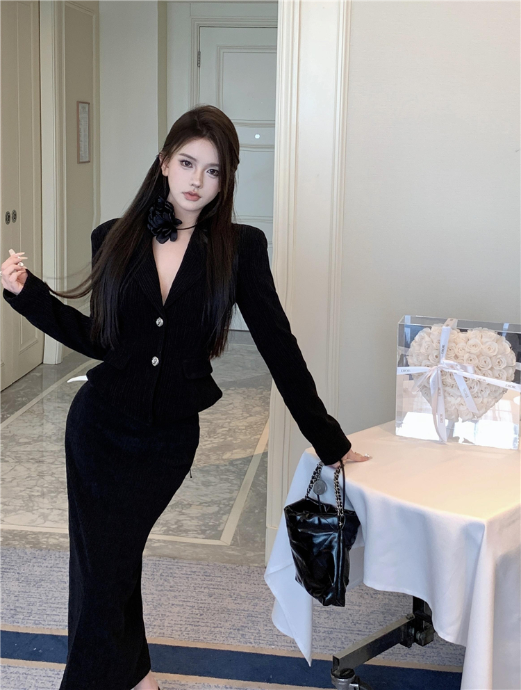 Womens autumn corduroy fabric turn down collar slim waist blazer and sashes pencil skirt twinset 2 pc dress suit SML