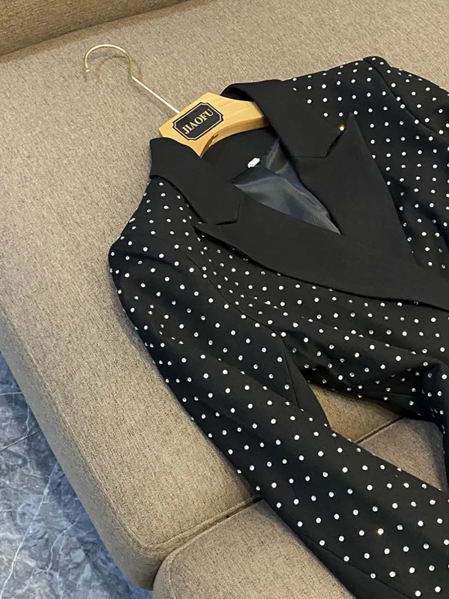 2023 Fall Black Hot Drilling Two Piece Pants Sets Long Sleeve Notched-Lapel Single-Breasted Blazers Top & Flare Trousers Pants Suits Set 2 Piece Suits