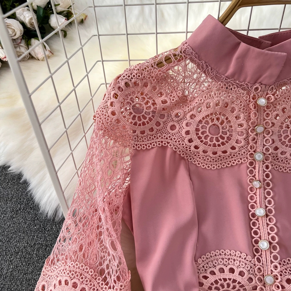 Vintage Palace Style Dress Temperament Lantern Sleeves Standing Neck Slim Mid length A-line Water Soluble Lace Dress