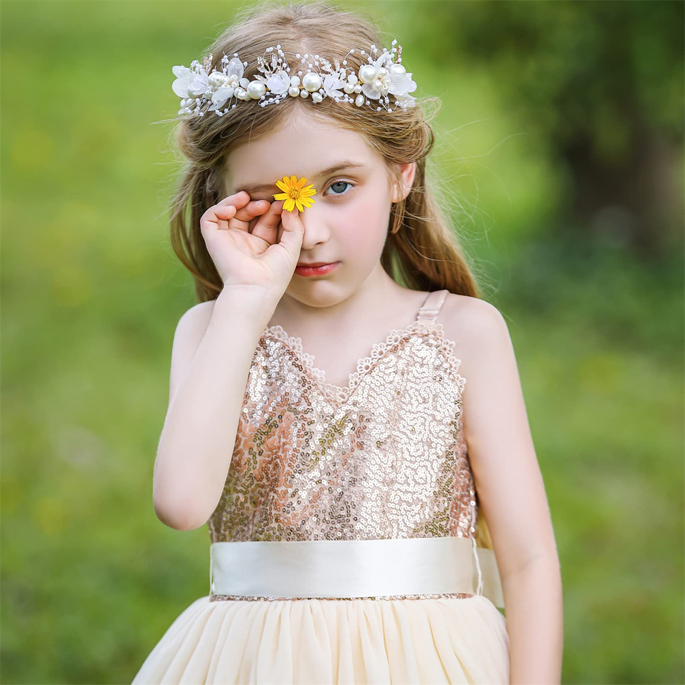 Pretty Princess Sequins Flower Girl Dresses V-Neck Ball Gown Tulle Bow Girls Pageant Gown Communion For Wedding Formal Party F01