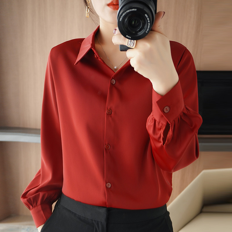 Women's Polos Ladies Silk Cardigan Lapel Solid Satin Shirts Spring Autumn LongSleeve Coat Loose Wild Women Jacket Summer POLO Tops 230905