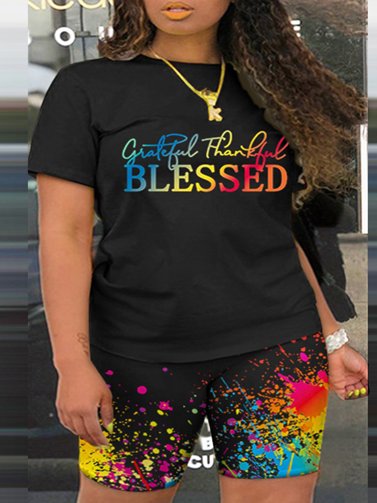 Women's Plus Size Tracksuits Faith Melting Colors All Over Print Casual Top Shorts Set 230905