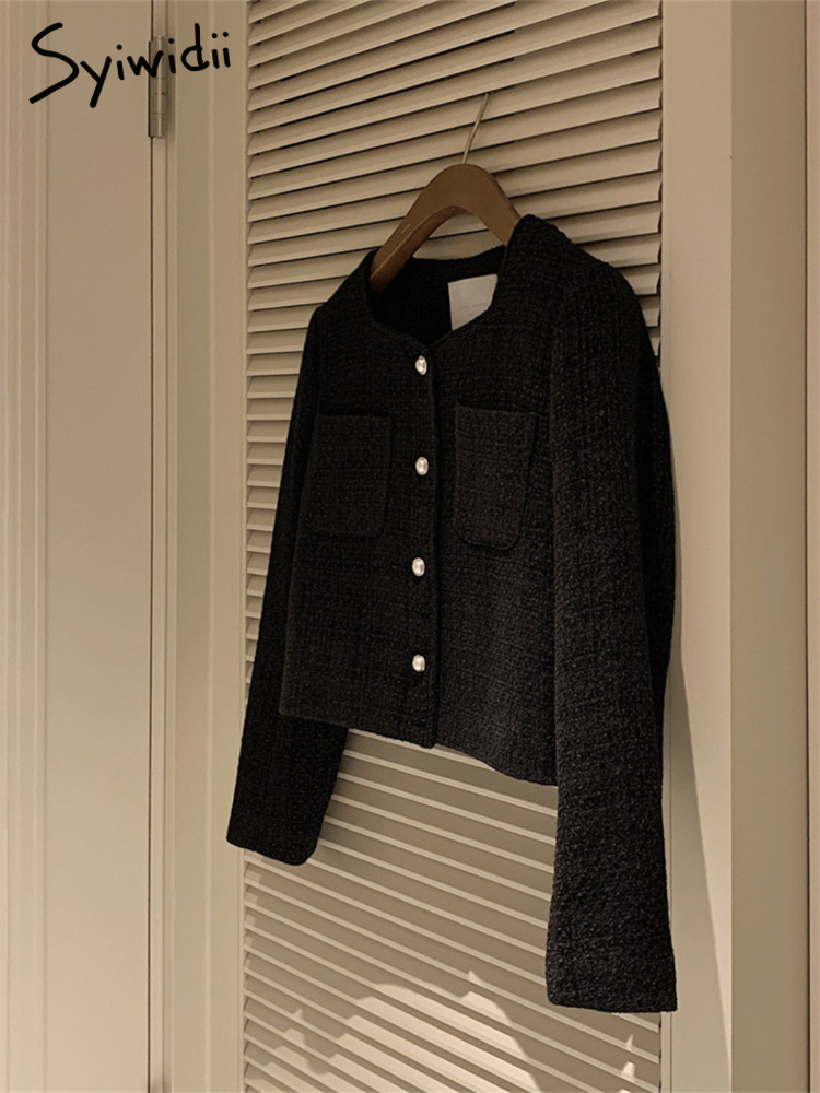 Womens Wool Blends Syiwidii Pockets Coat Women Autumn Winter Fashion Vintage Long Sleeve Coats Casual Button Up Solid Tweed Jacket 230905