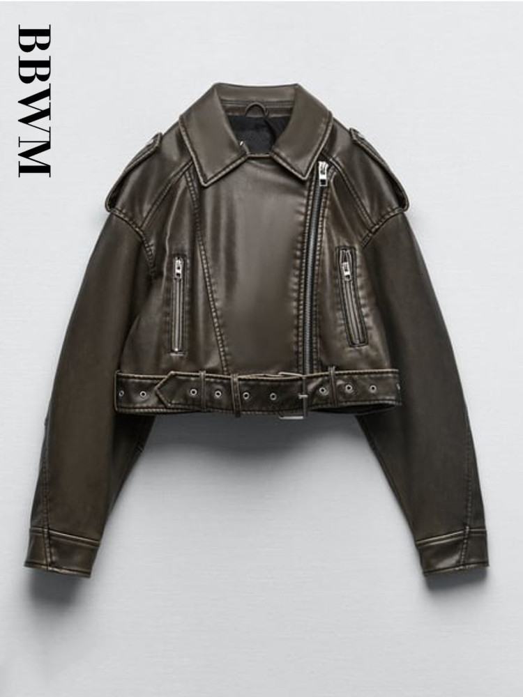 Womens Jackets PU Retro Zipper Belt Motorcycle Street Jacket Spring Chic Short Long Sleeve Slim Fit Female Tops 230906