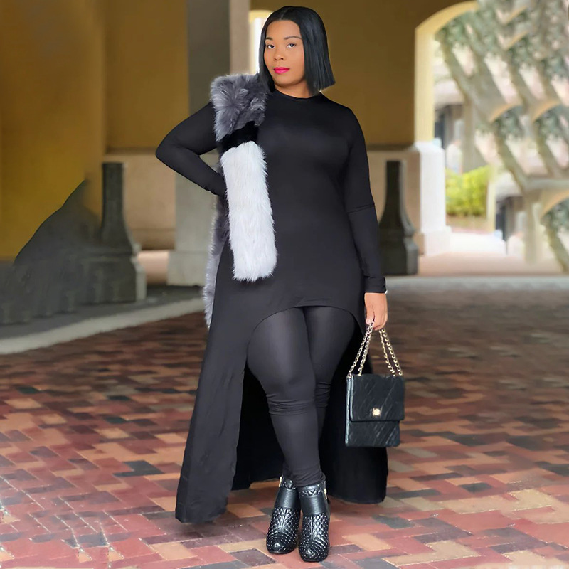 Women's Plus Size Tracksuits Autumn Fashion Solid Color Two Piece Set Women Casual Round Neck Long Sleeve Irregular Top Tight Pants Suit 230905