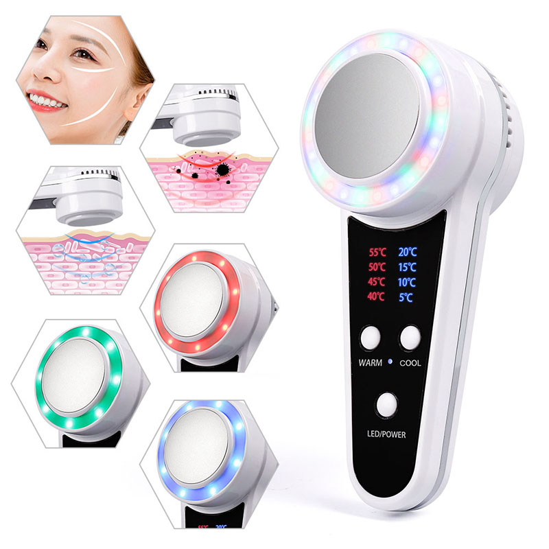 Mini Hot Cold Hammer Massager LED Light Photon Therapy Ultrasonic Cryotherapy Vibration Face Lift Pore Shrink Skin Care Anti Aging Lead In Facial Mach