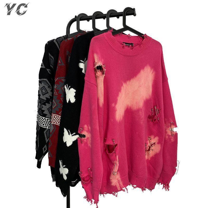 Men's Sweaters Hip Hop Hole Oversized Sweater Y2k Pullovers Unisex Tie Dye Pins Ripped High Street Winter Harajuku Jumpers BF 230905